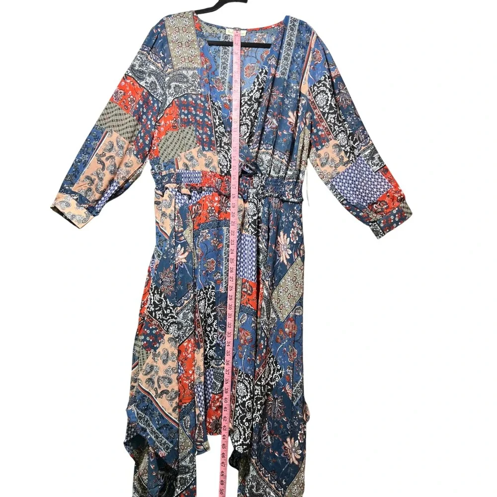Indigo Rose‎ 3X Patchwork Dress Paisley Handkerchief Hem Blue Red Boho Peasant